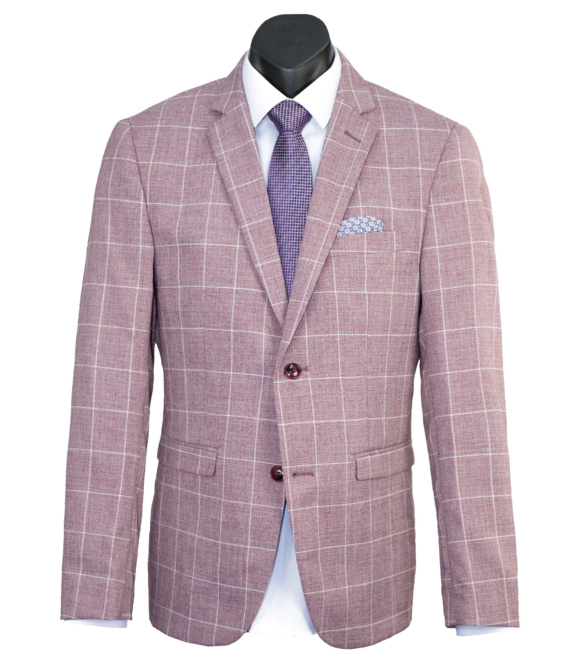 A mannequin wears the Scuzzatti Check Suit—a light red checkered, slim fit blazer over a white shirt, complemented by a purple tie and patterned pocket square. The wool blend jacket has two visible buttons and side pockets.