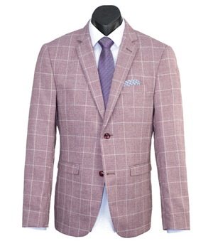 A mannequin wears the Scuzzatti Check Suit—a light red checkered, slim fit blazer over a white shirt, complemented by a purple tie and patterned pocket square. The wool blend jacket has two visible buttons and side pockets.