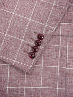 Close-up of the Scuzzatti Check Suit sleeve, crafted from a red checkered wool blend fabric. It features four burgundy buttons in a neat row and displays thin white lines forming a grid-like pattern.