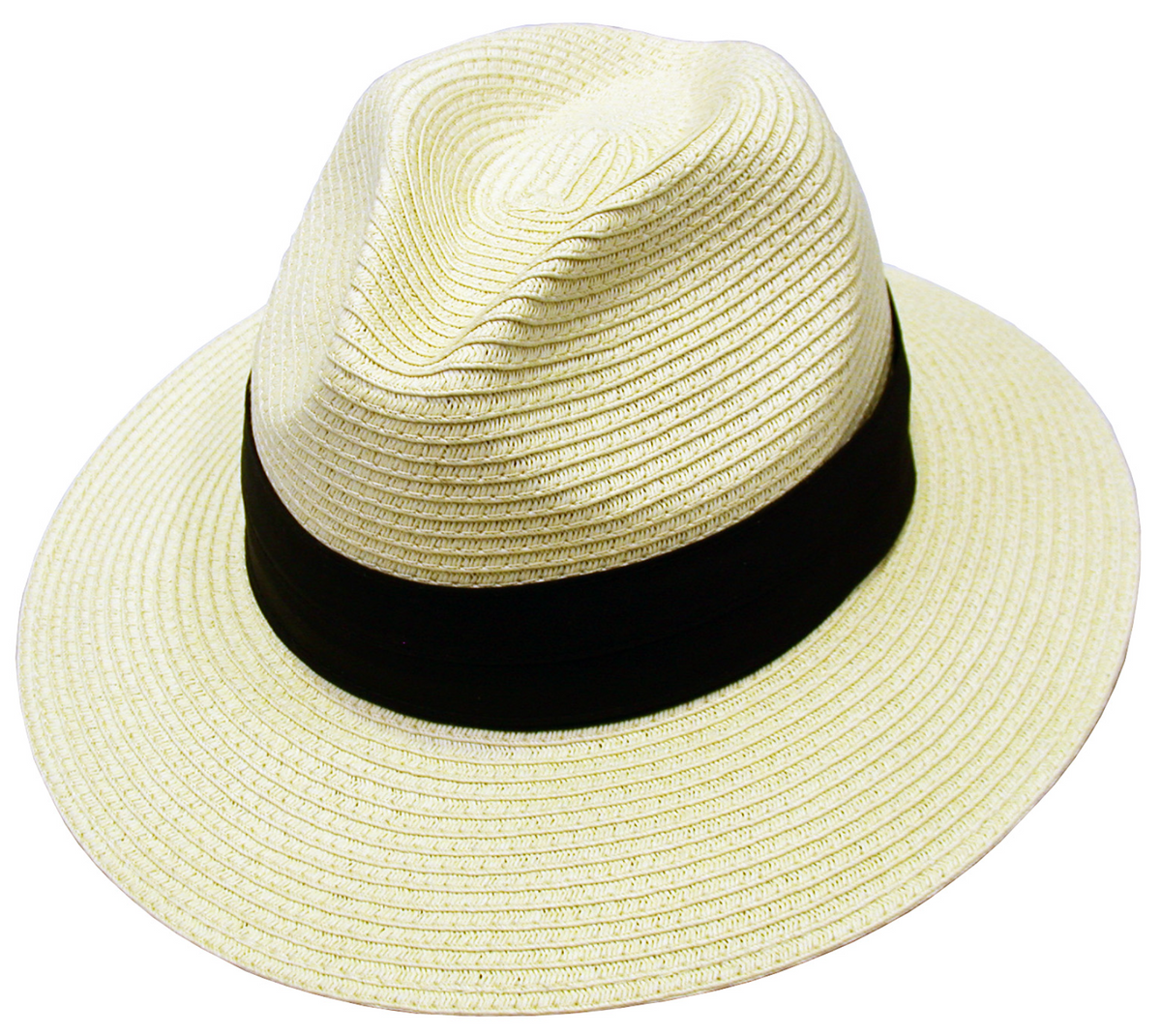 The Avenel Paper Braid Safari Two Pleat Band is a light-colored, wide-brimmed Panama hat made from braided paper, featuring a dark band around the base of the crown. It provides UPF 50+ sun protection and is showcased beautifully on a white background.