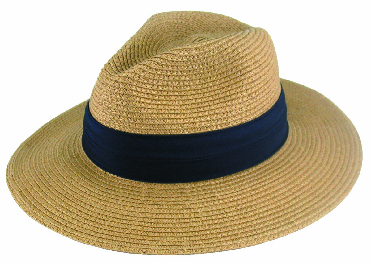 The Avenel Paper Braid Safari Two Pleat Band is a straw panama hat with a wide brim and dark blue band, made from braided paper. Stylishly set on a white background, it provides UPF 50+ protection.