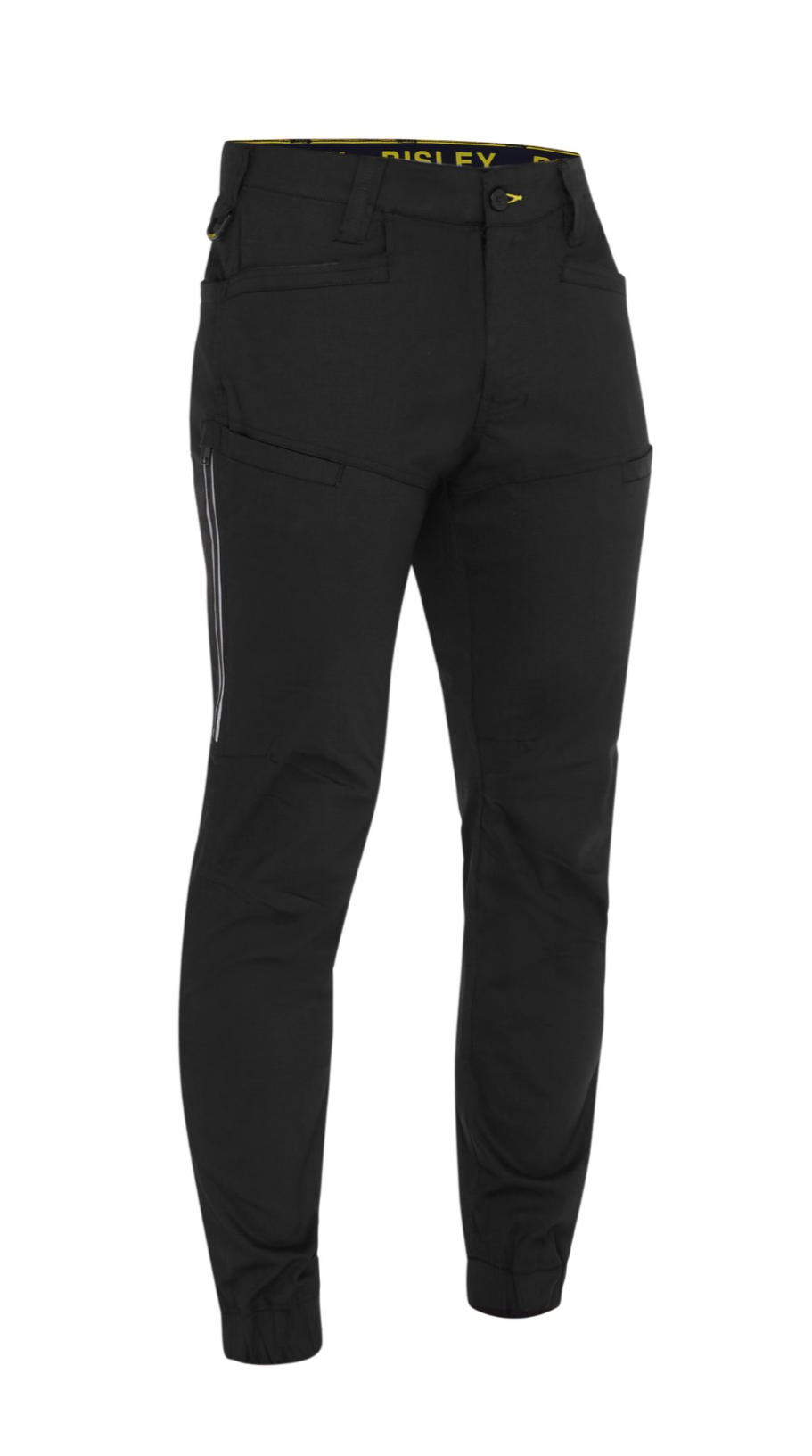 The Bisley X Airflow Stretch Ripstop Vented Cuffed Pant is a pair of black, slim-fit outdoor hiking pants featuring an elastic waistband, belt loops, and two side zipper pockets. Made from stretch ripstop fabric for enhanced durability, these pants have tapered legs with elastic cuffs at the ankles. The waistband is adorned with yellow text showcasing black-in-yellow branding.