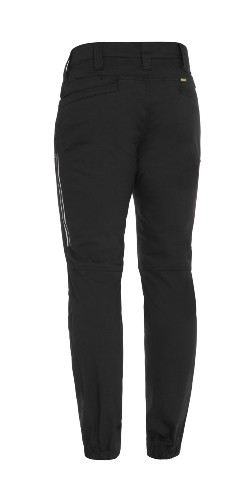 A pair of Bisley X Airflow Stretch Ripstop Vented Cuffed Pants displayed against a white background. These comfortable pants feature a slim fit, an elastic waistband with belt loops, side pockets, and a zippered pocket on the right leg. Subtle reflective stripes on the sides enhance visibility. Made from stretch ripstop fabric for added durability.