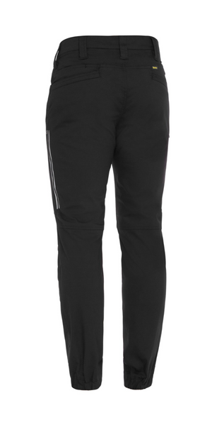 A pair of Bisley X Airflow Stretch Ripstop Vented Cuffed Pants displayed against a white background. These comfortable pants feature a slim fit, an elastic waistband with belt loops, side pockets, and a zippered pocket on the right leg. Subtle reflective stripes on the sides enhance visibility. Made from stretch ripstop fabric for added durability.