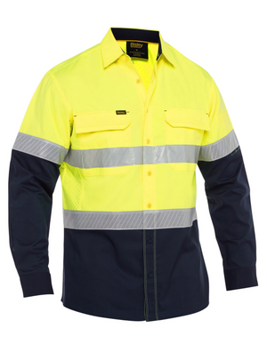 The Bisley X Airflow Hi Vis Stretch Ripstop Shirt offers high visibility with its fluorescent yellow upper, reflective hoops, and dark blue lower half. It features long sleeves, two chest pockets with button flaps, and Bisley X Airflow™ ventilation for all-day comfort.