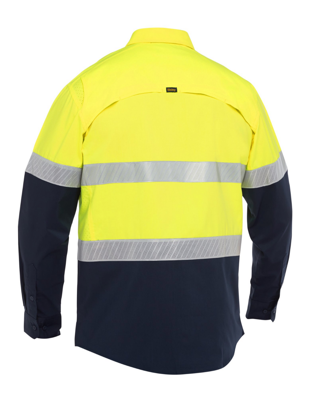 The Bisley X Airflow Hi Vis Stretch Ripstop Shirt showcases a lightweight design with long sleeves in high visibility. It features a bright yellow top, reflective taped hoop with ventilation, and sleek navy blue on the lower sleeves and bottom half for comfort and safety.