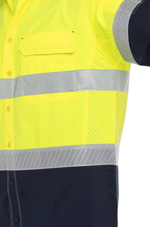 Close-up of the Bisley X Airflow Hi Vis Stretch Ripstop Shirt: bright yellow upper with gray reflective hoops on the chest and arm, dark blue lower section featuring Bisley X Airflow™ ventilation for comfort, and a pocket on the left chest.
