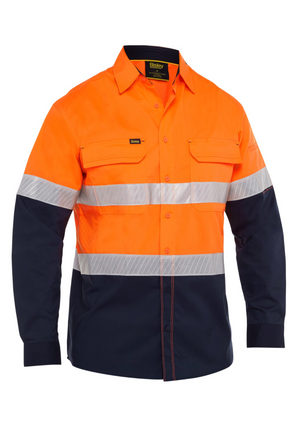 The Bisley X Airflow Hi Vis Stretch Ripstop Shirt is lightweight and features bright orange and dark blue colors, with silver reflective tape on the torso and arms. It includes Bisley X Airflow™ ventilation and has buttoned chest pockets for practical storage.
