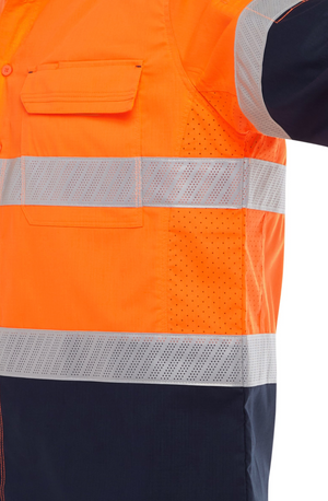 Close-up of the Bisley X Airflow Hi Vis Stretch Ripstop Shirt in orange and black, with reflective silver stripes and a taped hoop design. It features a front pocket and perforated material for breathability similar to a lightweight shirt.