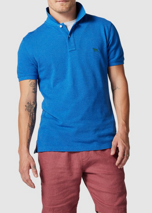 A person wearing the Rodd & Gunn The Gunn Polo in bright blue, a modern-fit shirt crafted from Australian cotton with a small logo on the chest, paired with red shorts. Their tattooed arms are visible.