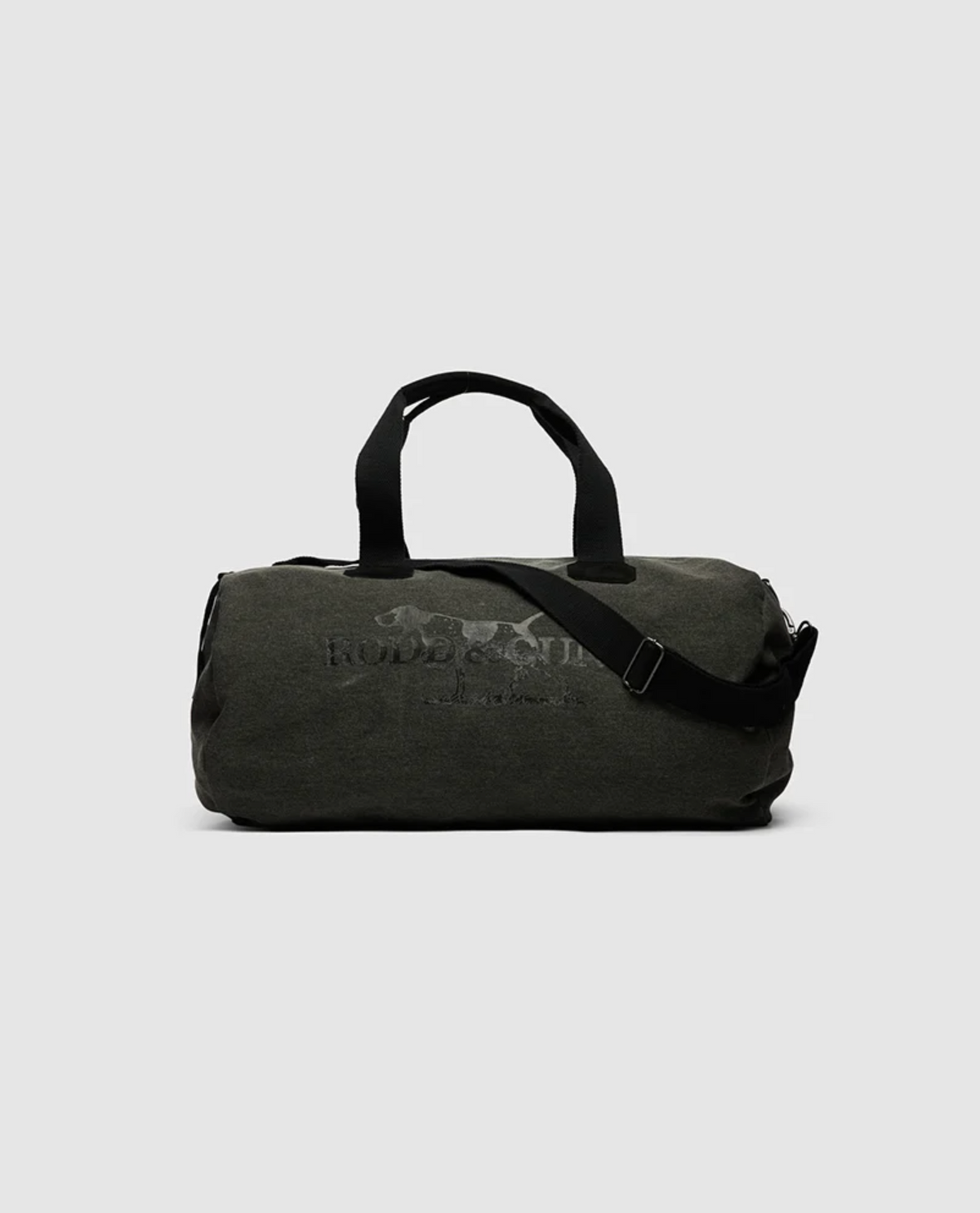 A Rodd & Gunn Double Barrel Duffle Bag in dark green, made from durable cotton canvas with black handles and an adjustable shoulder strap, is displayed against a white background. This sleek design sports a subtle text print on the front, seamlessly merging style with functionality.