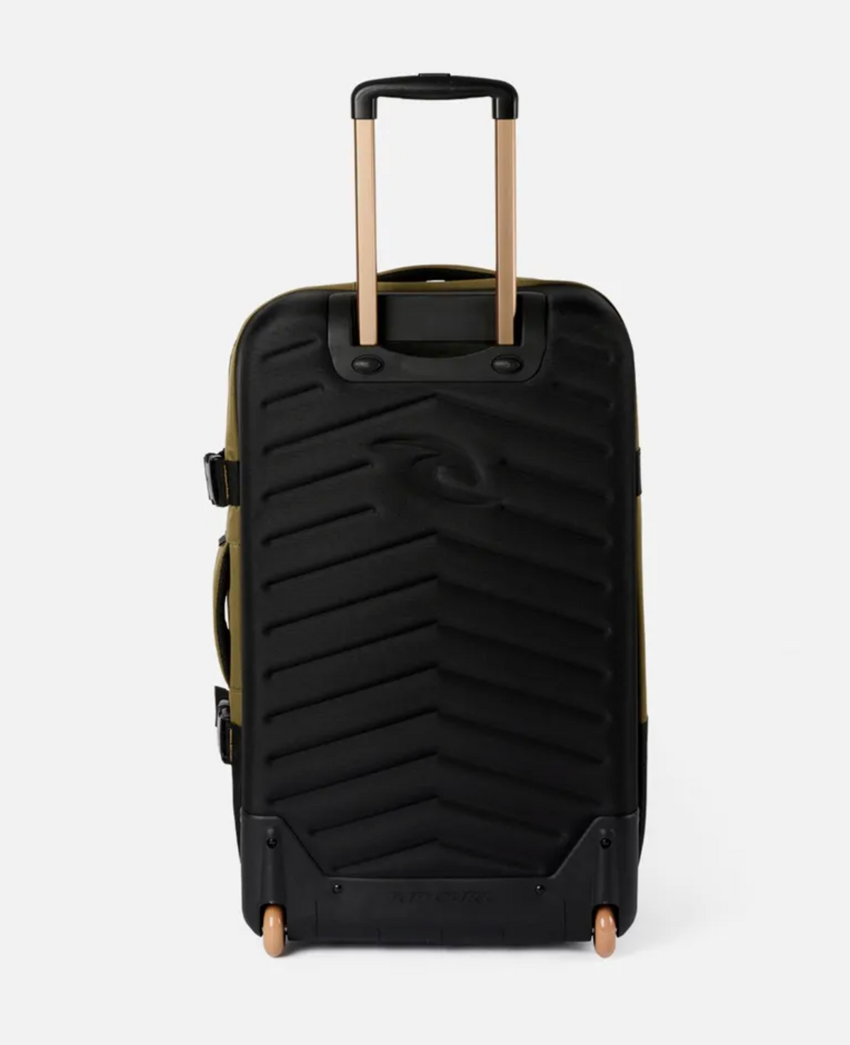 The Rip Curl F-Light Global 110L Overland Travel Bag is a spacious black hard-shell suitcase made from recycled polyester with subtle diagonal grooves, a tan telescopic handle, and two rolling wheels, all against a plain white background.