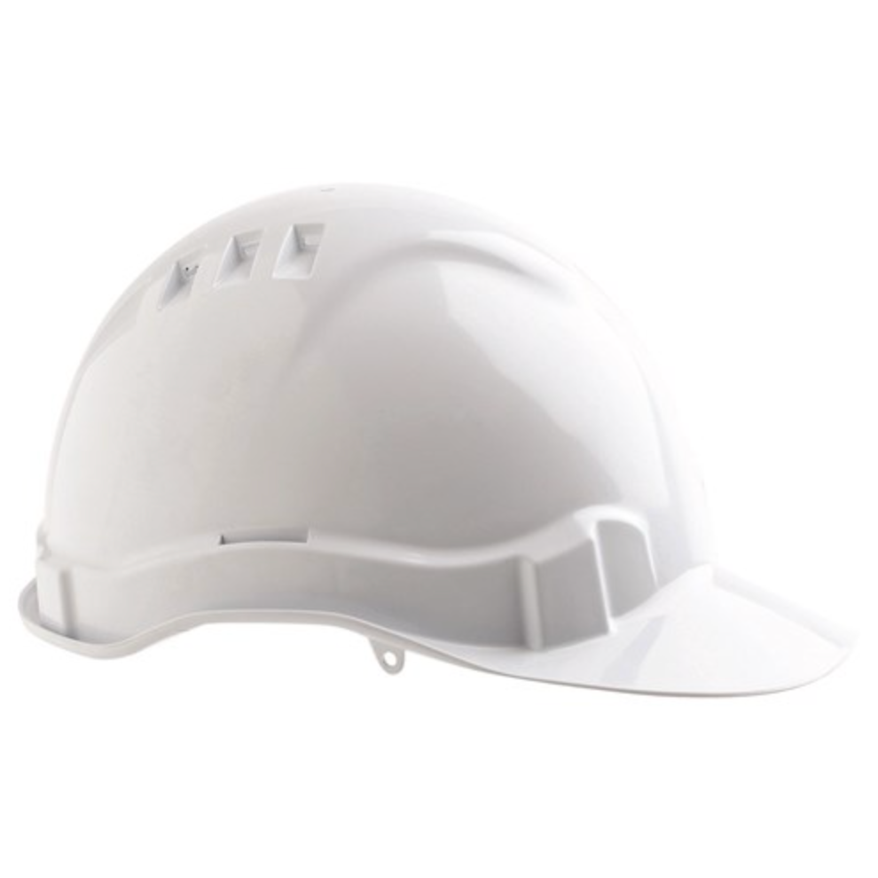 The Pro Safety Vented V6 Hard Hat is a white occupational helmet with a glossy ABS shell, top ventilation slots, and a brim extending around the front and sides for enhanced safety and comfort on job sites.