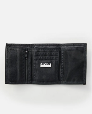 The Rip Curl Surf Revival Surf Wallet, made from recycled polyester, features multiple compartments including a zippered pocket, card slots, and a mesh section. It showcases its interior with the "RIP CURL" logo in white.