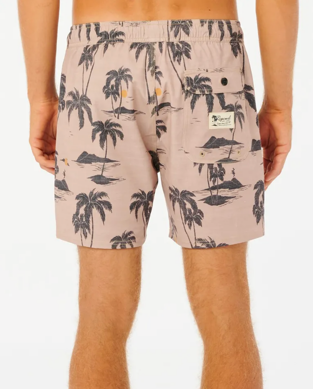 The image shows the back of a person in Rip Curl Mod Tropics Volley shorts, featuring a tropical palm and island pattern. Made from Recycled Triflex, these shorts have an elastic waistband, quick-dry tech, and a buttoned back pocket with label.