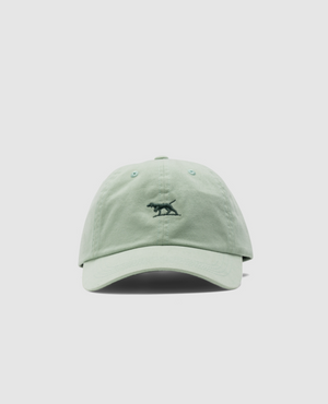The Rodd & Gunn Gunn Cap is light green, made from 100% heavy-duty cotton twill. It features a small black embroidered dinosaur on the front, a curved brim, an adjustable strap, and is set against a plain white background.