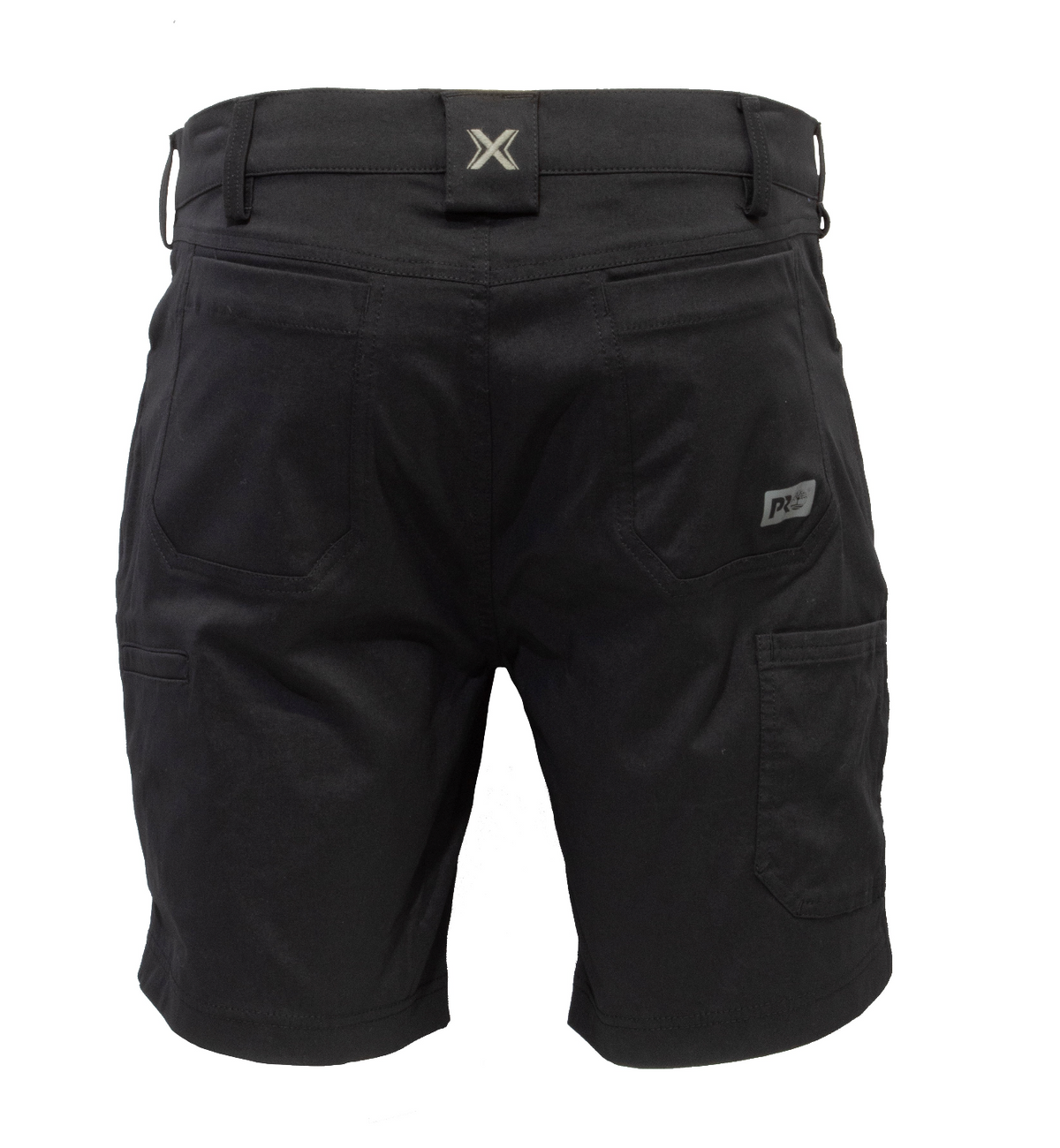 Timberland Pro Tempe Shorts are black, showcasing side cargo pockets, belt loops at the waist, moisture-wicking fabric, a small back patch, and a waistband logo. Shown from the rear view.