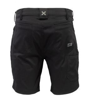 Timberland Pro Tempe Shorts are black, showcasing side cargo pockets, belt loops at the waist, moisture-wicking fabric, a small back patch, and a waistband logo. Shown from the rear view.