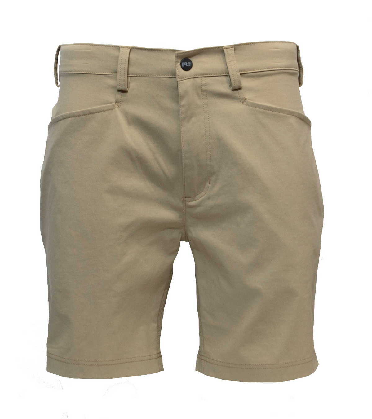 Timberland Pro Tempe shorts in beige feature belt loops, a button closure at the waistband, moisture-wicking fabric with UPF 50+ protection, and front pockets, displayed on a plain white background.