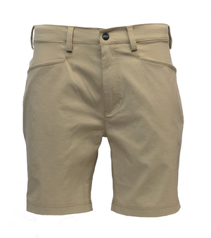 Timberland Pro Tempe shorts in beige feature belt loops, a button closure at the waistband, moisture-wicking fabric with UPF 50+ protection, and front pockets, displayed on a plain white background.