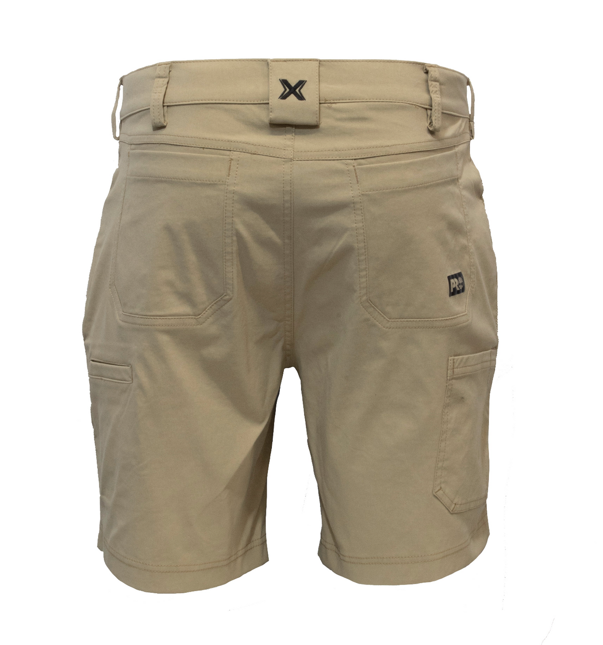 Timberland Pro Tempe Shorts in beige with multiple pockets and belt loops. They feature a small "PG" logo patch on the front and an "X" logo on the waistband. These moisture-wicking utility shorts are designed for practical wear.