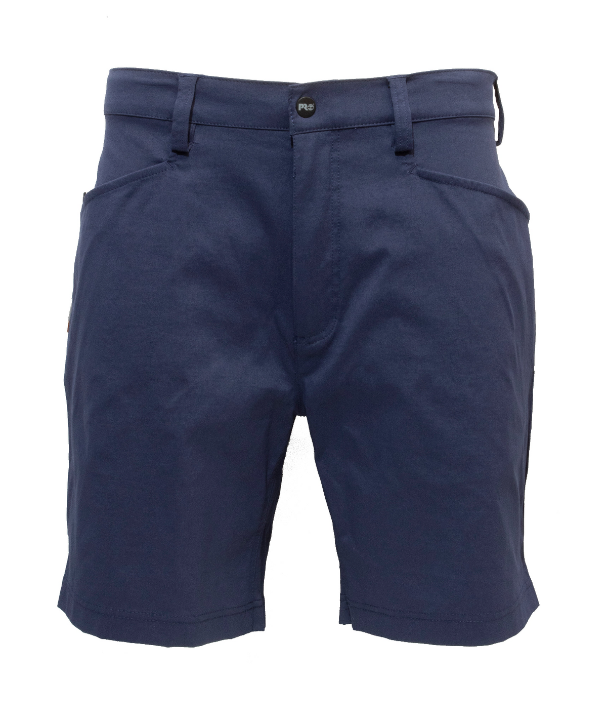 The Timberland Pro Tempe Short is made from moisture-wicking fabric in a dark blue hue. It features belt loops, a button and zipper closure, and front pockets for essentials.