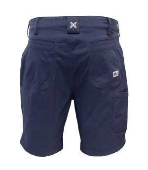 The Timberland Pro Tempe Short in navy features front pockets, belt loops, a right-side logo patch, visible front seam, UPF 50+ protection, and moisture-wicking fabric for a casual, utilitarian look.