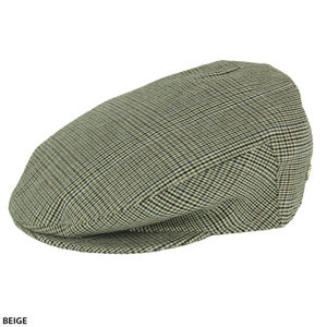 The M By Flechet Italian Cotton Fine Check Cap is a beige houndstooth flat cap crafted from premium Italian cotton, featuring a classic design with a fine check pattern and small peak. Perfectly combining tradition and elegance, it is expertly made in Italy.