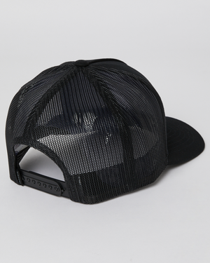 The Rip Curl Icons Eco Trucker cap, shown from the back against a plain background, is black and made of recycled polyester twill. It features a mesh panel and an adjustable snapback closure.