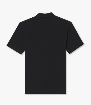 The RM Williams Rod Polo, a plain black cotton pique polo shirt, is displayed from the back with its short sleeves and simple collar standing out against a plain white background.