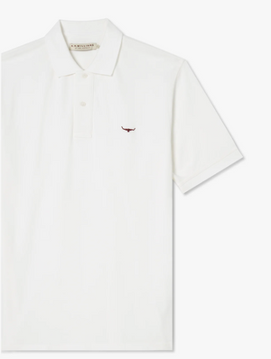 The RM Williams Rod Polo is a white short-sleeved cotton polo shirt, showcasing a small embroidered red Longhorn logo on the left chest. It features a classic collar and three-button placket, making it a casual wardrobe staple.