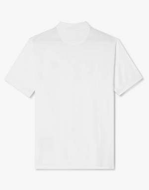 The RM Williams Rod Polo, a plain white short-sleeve shirt and a casual wardrobe staple, is displayed on a flat, neutral background. The shirt features a simple design without any visible logos or patterns, highlighting its pristine white color and classic style.