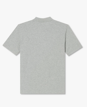 The RM Williams Rod Polo is displayed flat, showcasing the back. It features solid gray cotton fabric with a ribbed collar and no visible logos or patterns, offering a sleek appearance.