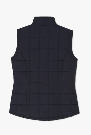 The RM Williams Wilpena Creek Vest, a sleek black quilted design, is showcased from the back to emphasize its high collar and grid-like stitch pattern. This stylish padded vest stands out against a plain white background.