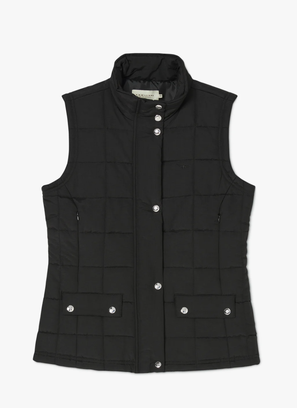 The RM Williams Wilpena Creek Vest is a black sleeveless quilted vest with a high collar, front zipper, snap button closure, and two front flap pockets with buttons. It features a smooth texture enhanced by an embroidered logo on the chest and is displayed against a white background.