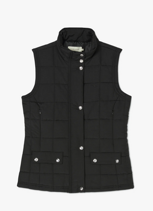 The RM Williams Wilpena Creek Vest is a black sleeveless quilted vest with a high collar, front zipper, snap button closure, and two front flap pockets with buttons. It features a smooth texture enhanced by an embroidered logo on the chest and is displayed against a white background.