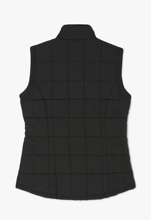 The RM Williams Wilpena Creek Vest showcases a sleeveless black quilted design with a high collar and distinct grid pattern. This fitted vest features an embroidered logo, textured fabric, and a curved hem at the back.