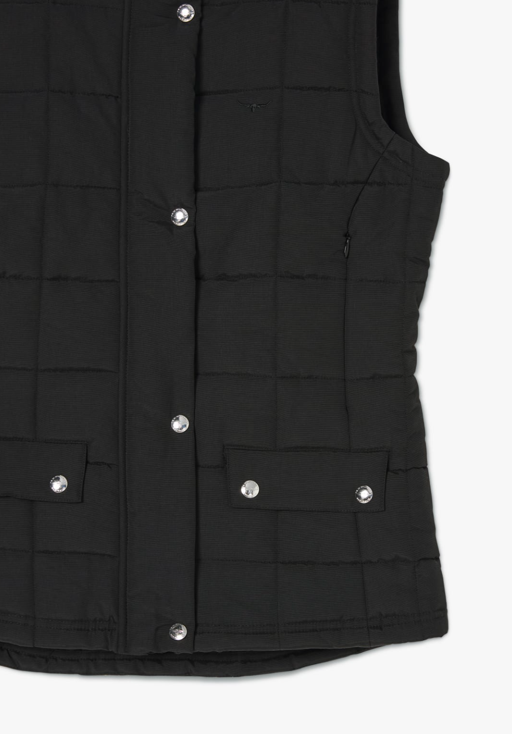 Close-up of the RM Williams Wilpena Creek Vest in black, featuring shiny snap buttons, a zippered closure beneath the placket, two front flap pockets, subtle stitched detail on the fabric, and an embroidered logo for added flair.