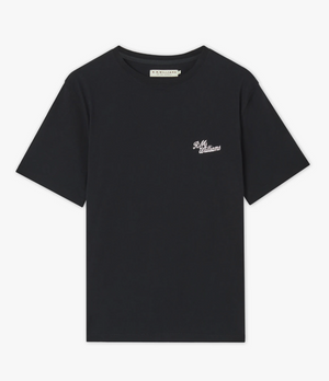 Discover the RM Williams Longhorn Byron Tee, a plain black short-sleeve crafted from premium cotton jersey. Featuring a small white "R.M. Williams" logo on the left chest, this T-shirt boasts a round neckline and simple, classic design that offers both comfort and timeless appeal for any gender. The tag at the neckline reads "R.M. Williams.