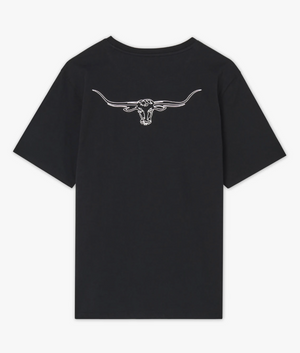 The RM Williams Longhorn Byron Tee, designed with high-quality cotton jersey, features a minimalist white ink sketch of a longhorn skull centered near the shoulder. This black T-shirt boasts a unisex style and classic look from the back.
