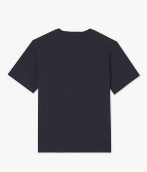 Rear view of an RM Williams Parson T-Shirt. This short-sleeved, navy blue T-shirt is made from pure cotton jersey and features a crew neckline. It is laid out flat against a white background with its minimalist embroidered logo beautifully intact.
