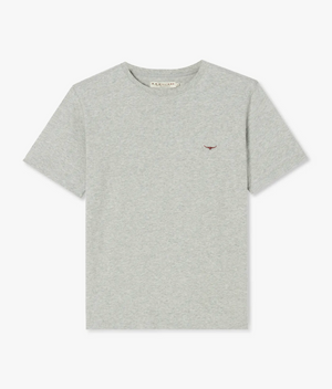 The RM Williams Parson T-Shirt is a plain light gray tee made from soft cotton jersey, featuring a small embroidered bird logo on the left side of the chest. This classic T-shirt has a round neckline and short sleeves.