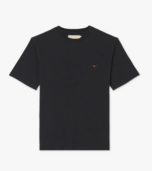 The RM Williams Parson T-Shirt is a black, short-sleeve t-shirt made from pure cotton jersey. It features a small red embroidered logo resembling a bull's head on the left chest, and boasts a round neckline and casual design, making it perfect for everyday wear.
