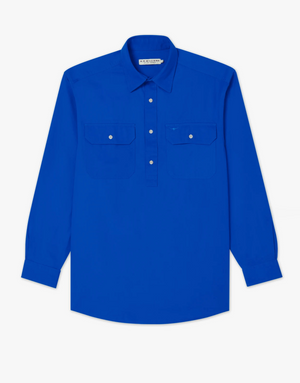 The RM Williams Angus Shirt is a bright blue, relaxed-fit long-sleeve shirt featuring a collar, two chest pockets with button flaps, and a partial front button placket—ideal for fans of classic work shirts.