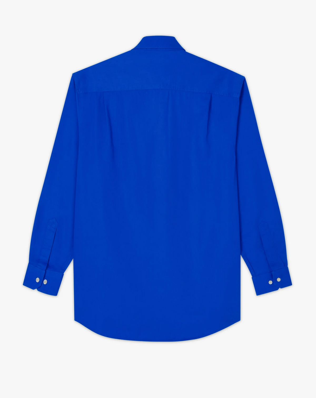 The RM Williams Angus Shirt is a bright blue, relaxed fit long sleeve work shirt with buttoned cuffs and a straight hem, shown from the back against a white background.