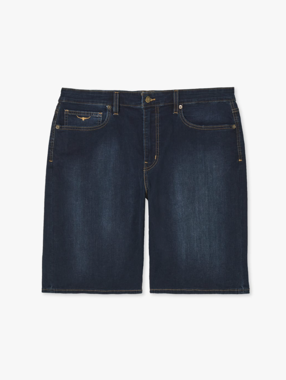 The RM Williams Nicholson Short, made from dark blue stretch denim, is showcased against a plain white background. The classic five-pocket design features a low-rise waistband and has a button and zipper front closure, accented by contrast stitching along the seams and pockets.