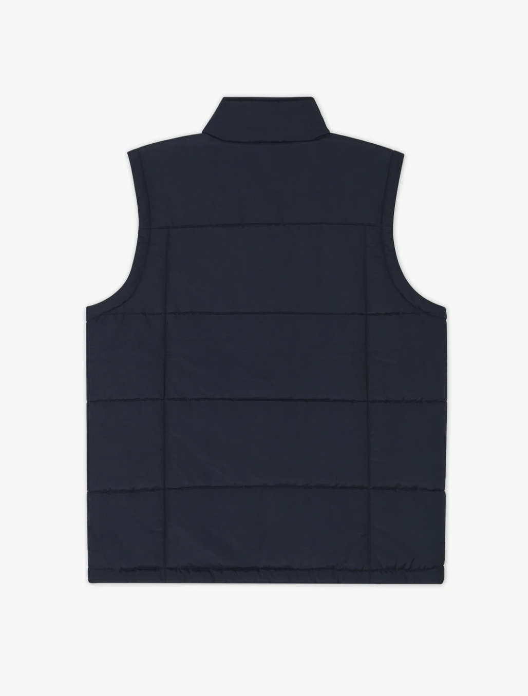 The RM Williams Patterson Creek Vest, crafted from Taslan nylon in navy blue, is shown from the back. It features horizontal stitching and a raised collar, and has no visible zippers or pockets to maintain a sleek and minimalist design. Additionally, it is water and wind resistant.
