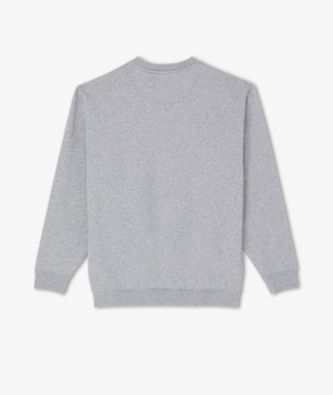 A plain, light gray sweatshirt with long sleeves is displayed against a white background, shown from the back. The RM Williams Script Crew Neck features a simple design with ribbed cuffs and hem, crafted from a cozy cotton blend fleece. A subtle script logo embroidery adds an elegant touch.
