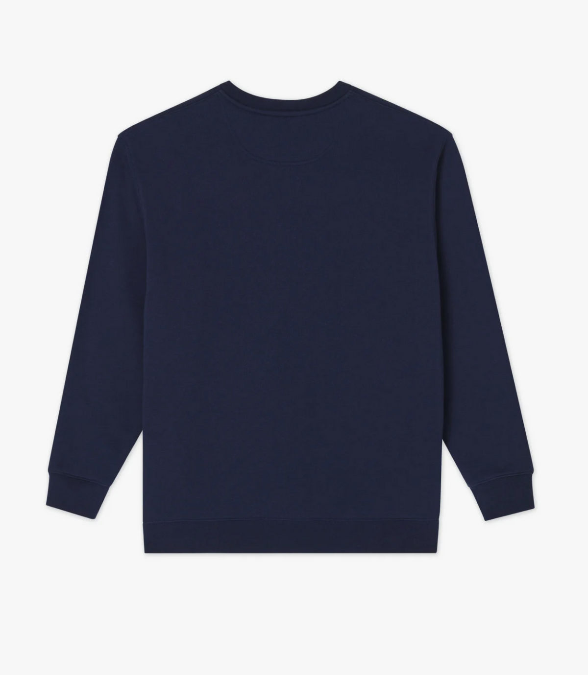 The RM Williams Script Crew Neck in navy blue is shown from the back, displaying script logo embroidery, ribbed cuffs and waistband, and crafted from a soft cotton blend fleece, laid flat on a white background.