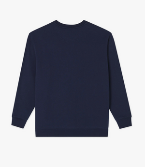 The RM Williams Script Crew Neck in navy blue is shown from the back, displaying script logo embroidery, ribbed cuffs and waistband, and crafted from a soft cotton blend fleece, laid flat on a white background.